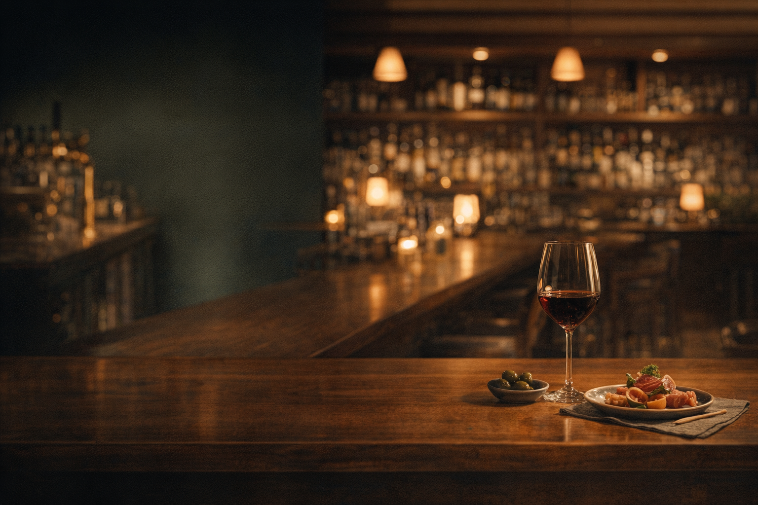 ワインと前菜が並ぶバータイムの風景