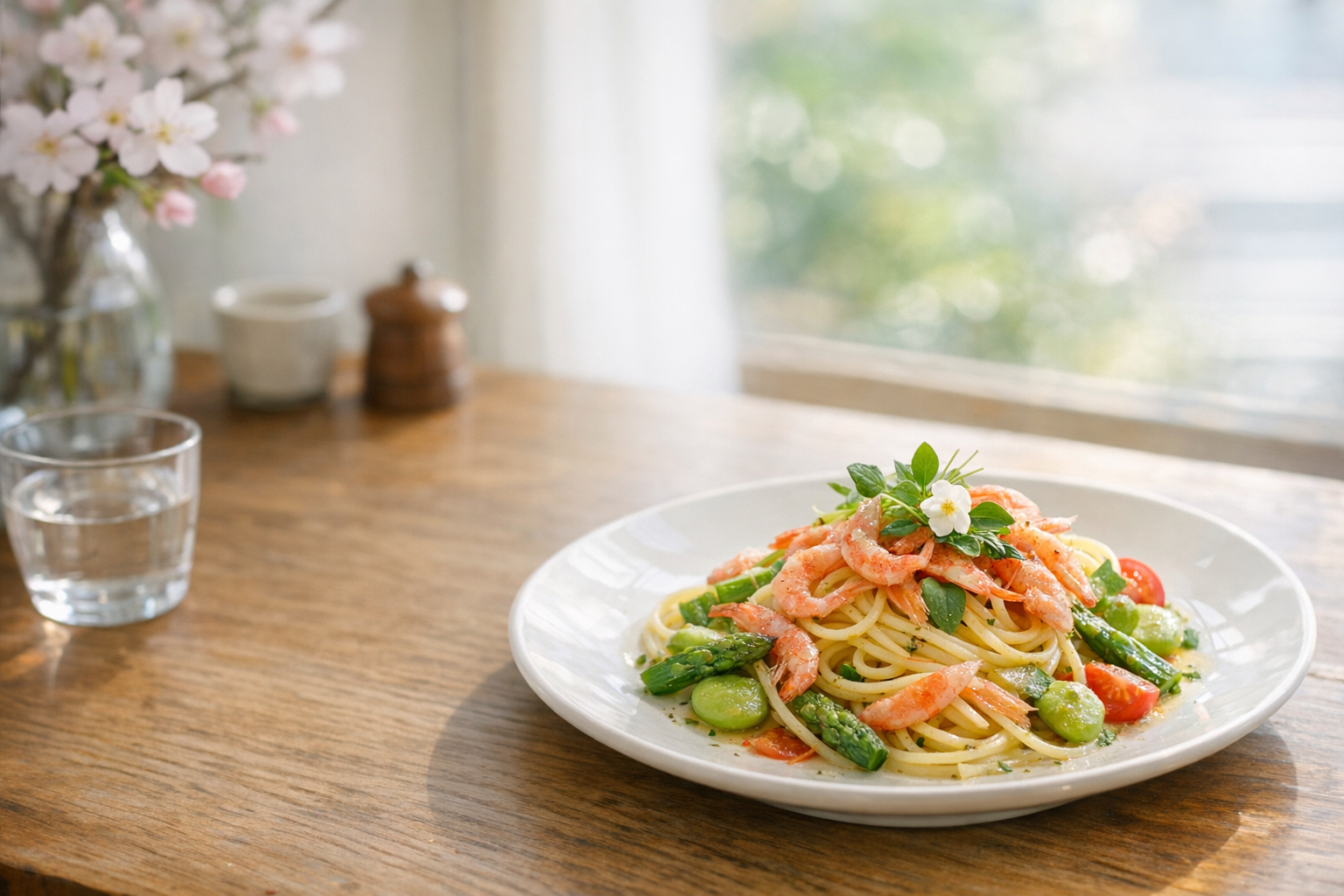 春メニューの桜エビパスタ