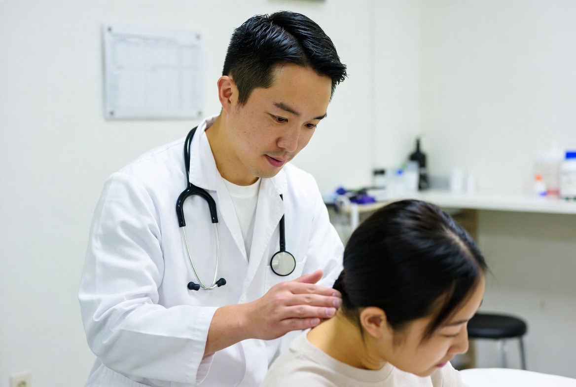 患者の首肩の状態を確認しながら施術する院長