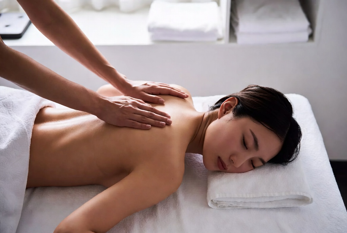 ベッドで背中の施術を受けるお客様